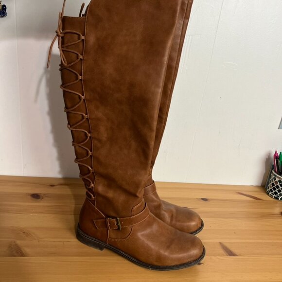 JustFab Brown Knee High Lace-up Boots Faux Leather Pricilla Buckle Size 11 - Picture 8 of 8